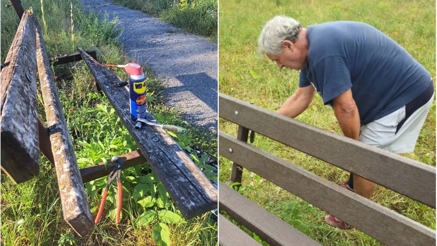 Senior Emil sa svojpomocne pustil do opravy lavičky v Prešove.